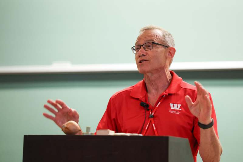 a man in a red shirt