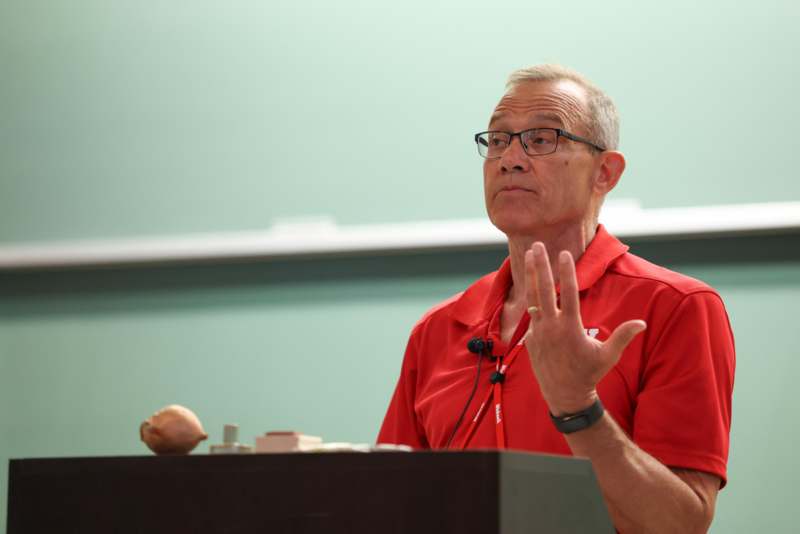 a man in a red shirt