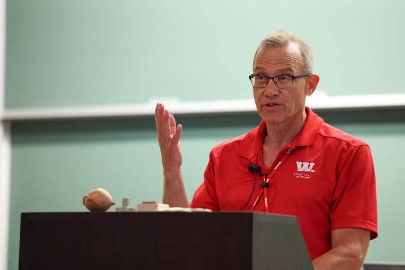 a man in a red shirt