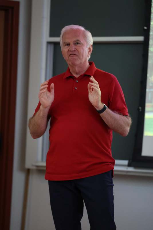 a man in a red shirt