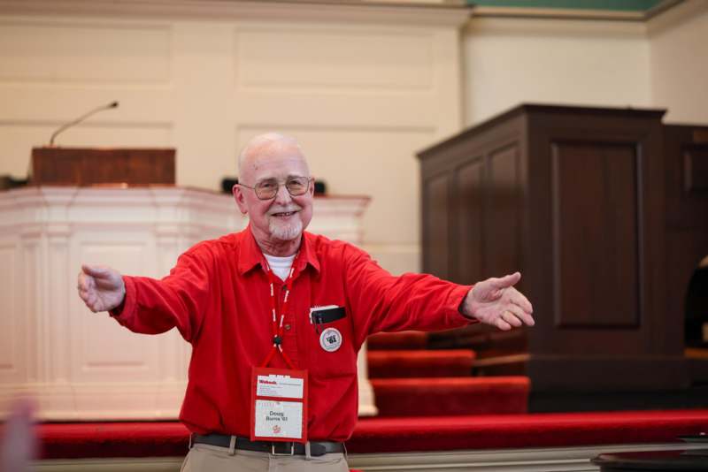 a man in a red shirt