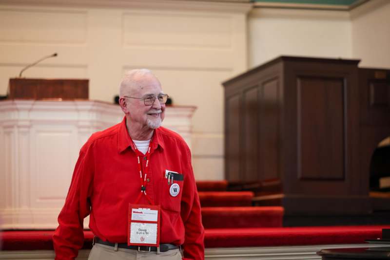 a man in a red shirt