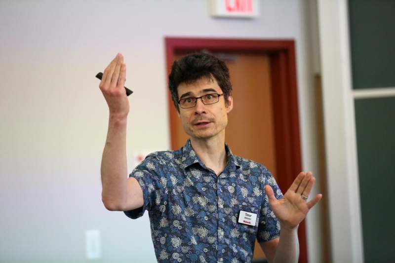 a man in a blue shirt
