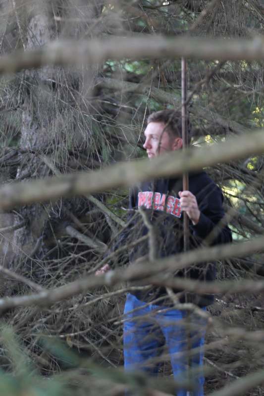 a man holding a stick in a tree