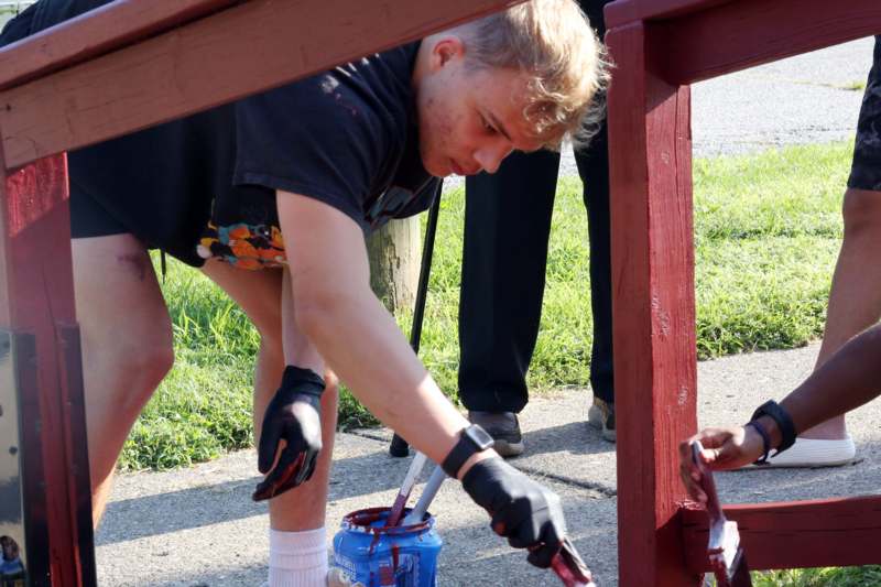 a man painting a fence