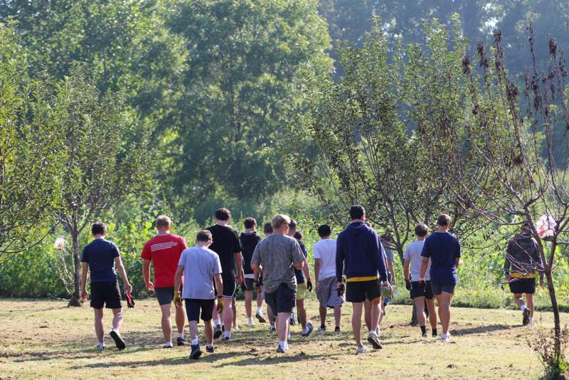 a group of people walking in a park