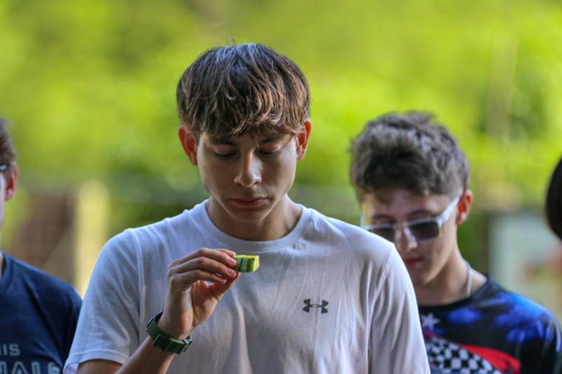 a boy holding a piece of food