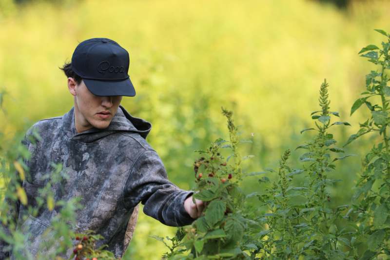 a man in a hat picking up plants