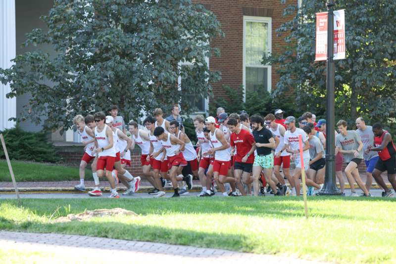 a group of people running