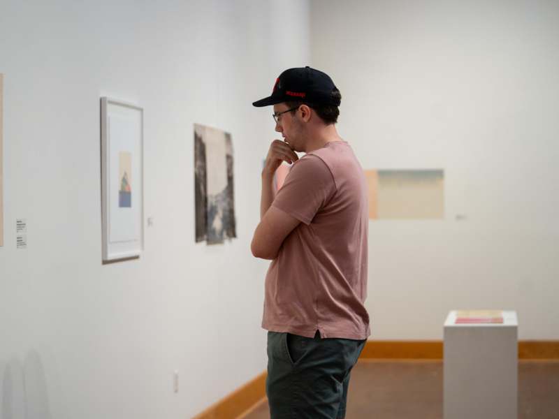 a man looking at art on a wall