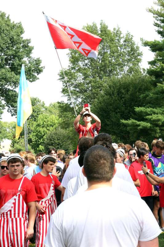 a man holding a flag above a crowd of people