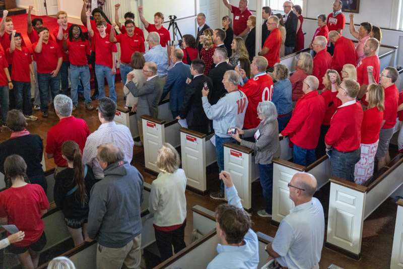 a group of people in a church