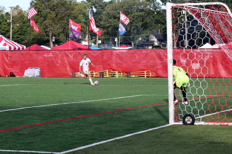 a football player kicking a ball in a goal