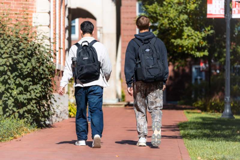 two men walking on a brick path