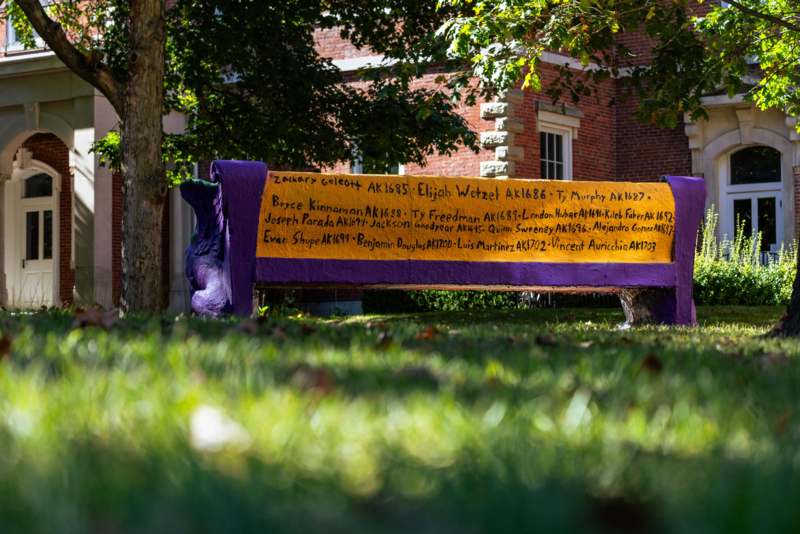 a bench with writing on it