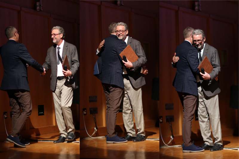 a collage of a man hugging another man