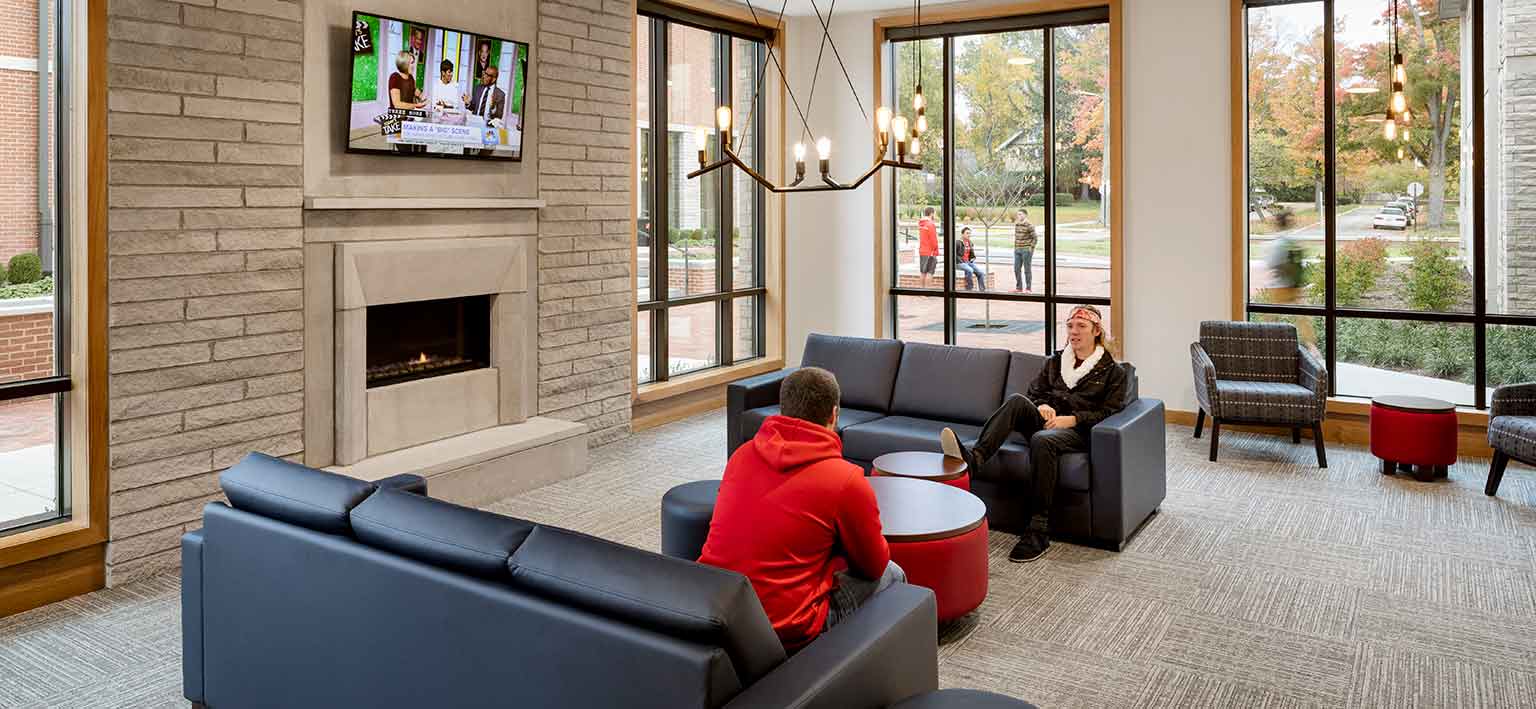 The Williams Hall lounge offers views from the center of the Ott Residential Life District.